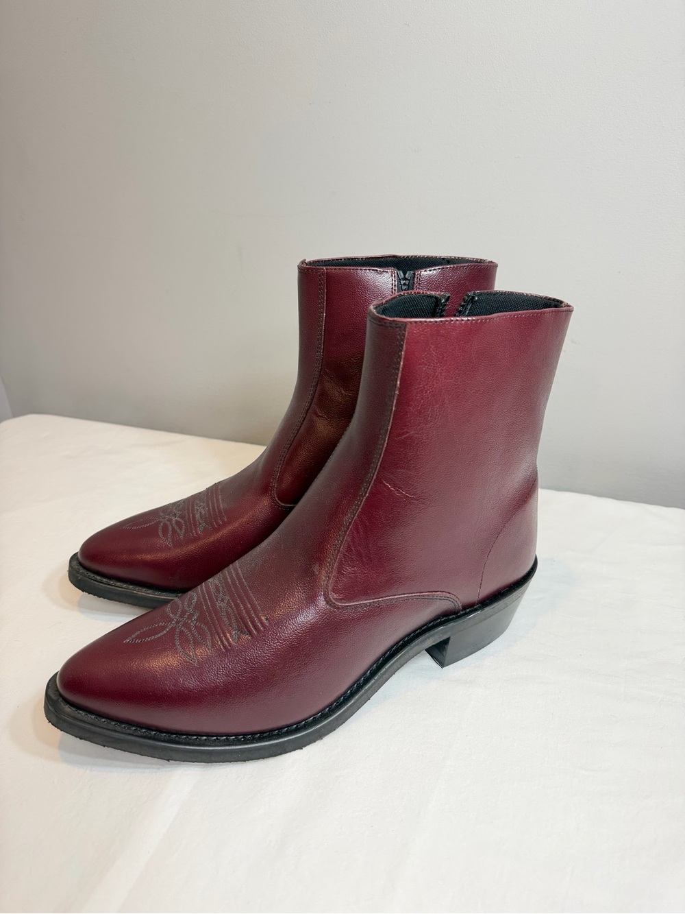 Old West mens side zip black cherry burgundy red leather ankle cowboy boots 12